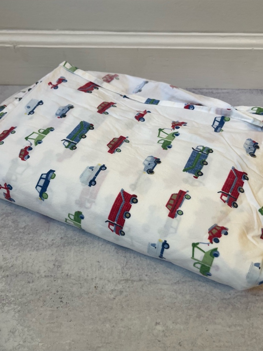 Pottery Barn Kids Twin Flat Sheet White Cars Trucks Cotton